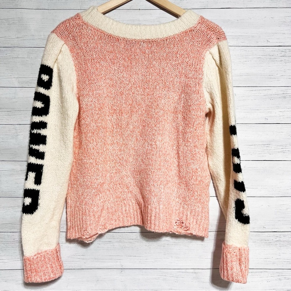Wildfox Girl Power Pink Knit Sweater Distressed Graphic Pullover Medium - Picture 4 of 9